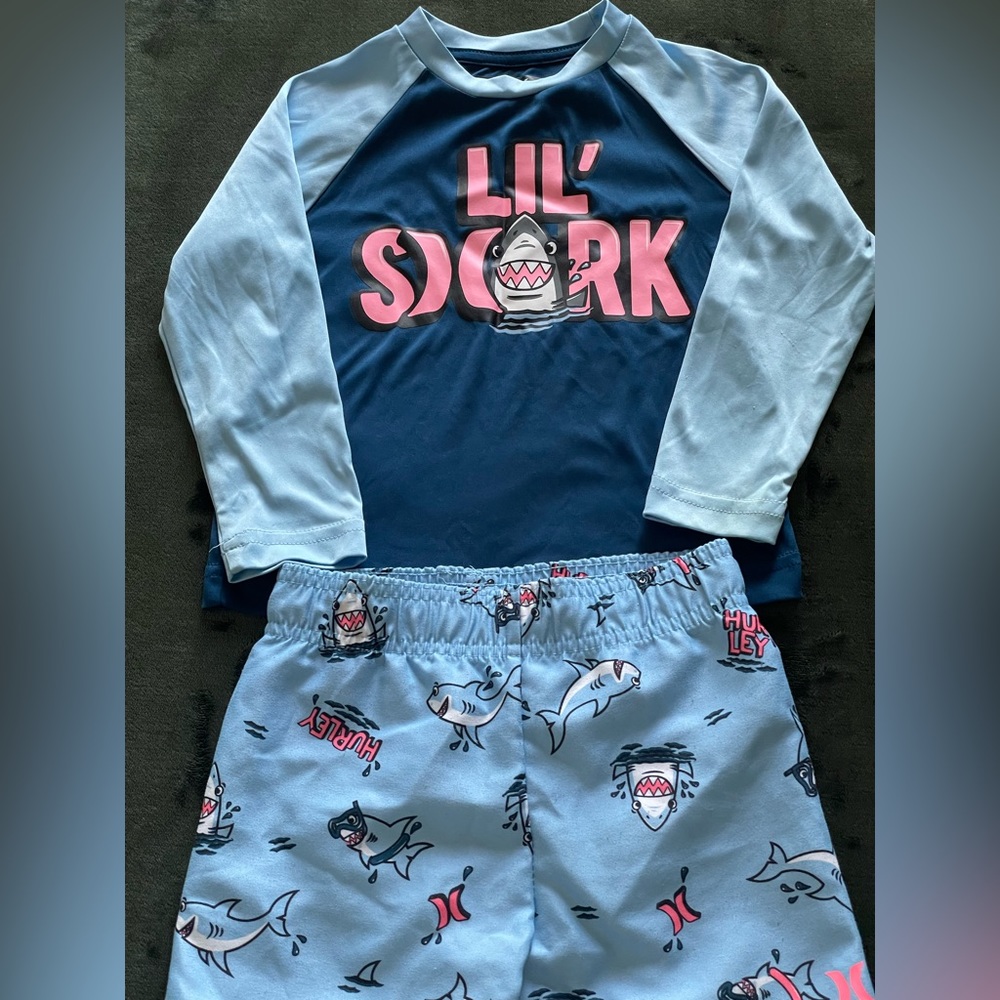 Hurley Boys’ Lil Shark Swim Top and Trunks Set. Size 2T. Used.